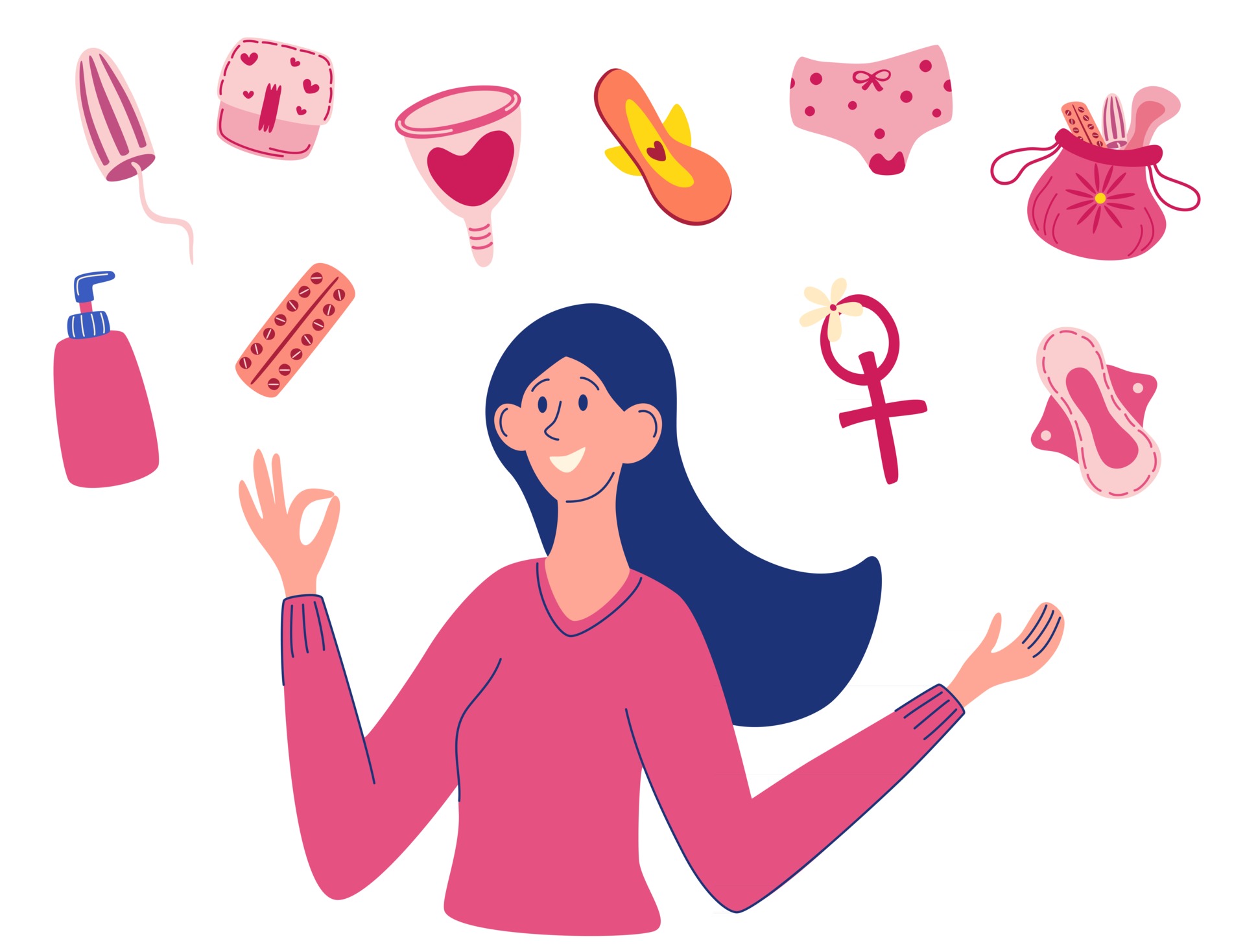 Menstruation theme Period Various feminine hygiene products A young girl is  happy to have a Various feminine hygiene products Panties pads cups  Menstrual protection feminine hygiene Vector 2511876 Vector Art at Vecteezy